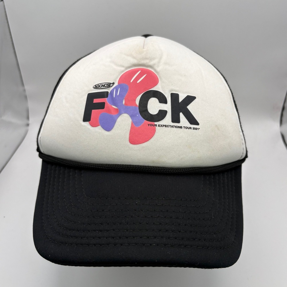 AGONSE "F*CK YOUR EXPECTATIONS TOUR 2021" Trucker Hat White‎ Black Mesh Adjust